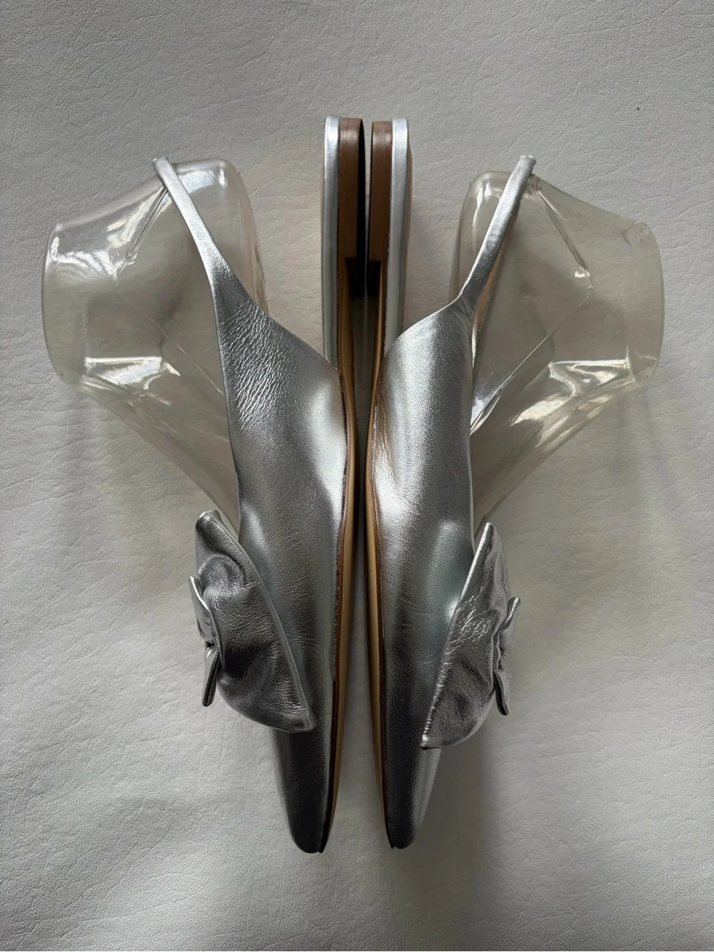 Anthropologie Maeve Bow Sling Back Flats 10M Metallic Festive Pointed Toe Silver